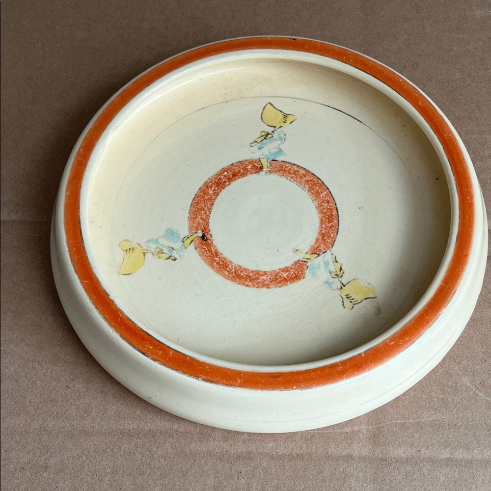 Hand-Painted Ceramic Dish with Orange Ring and Yellow Motifs Roseville